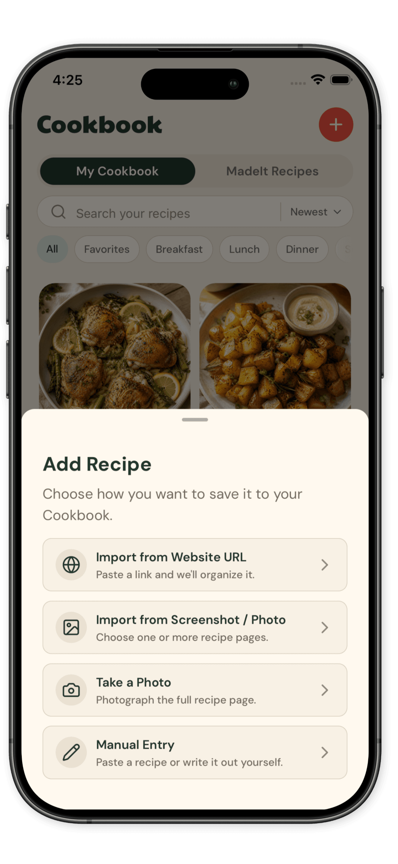 MadeIt Add Recipe sheet showing link, screenshot, photo, and manual import options