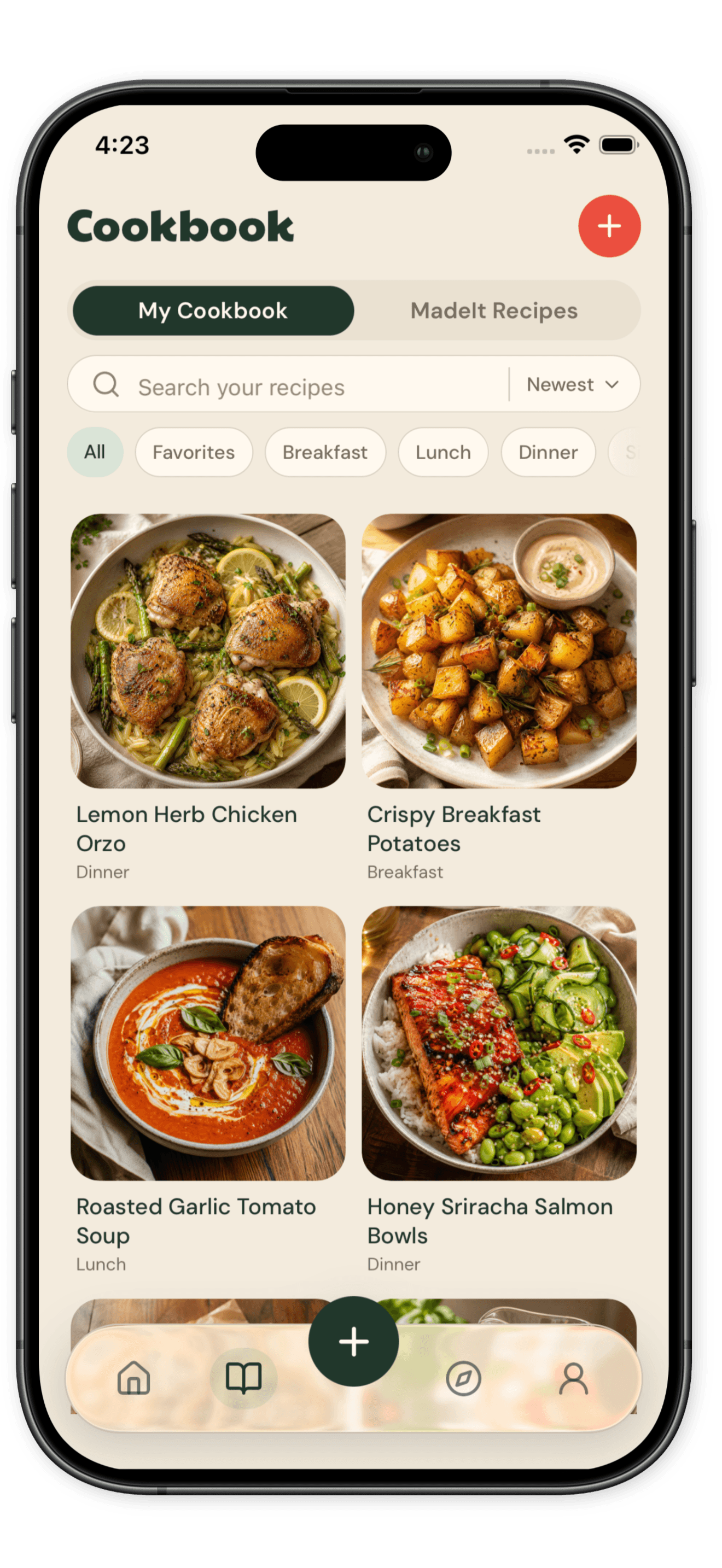 MadeIt Cookbook screen with saved recipes