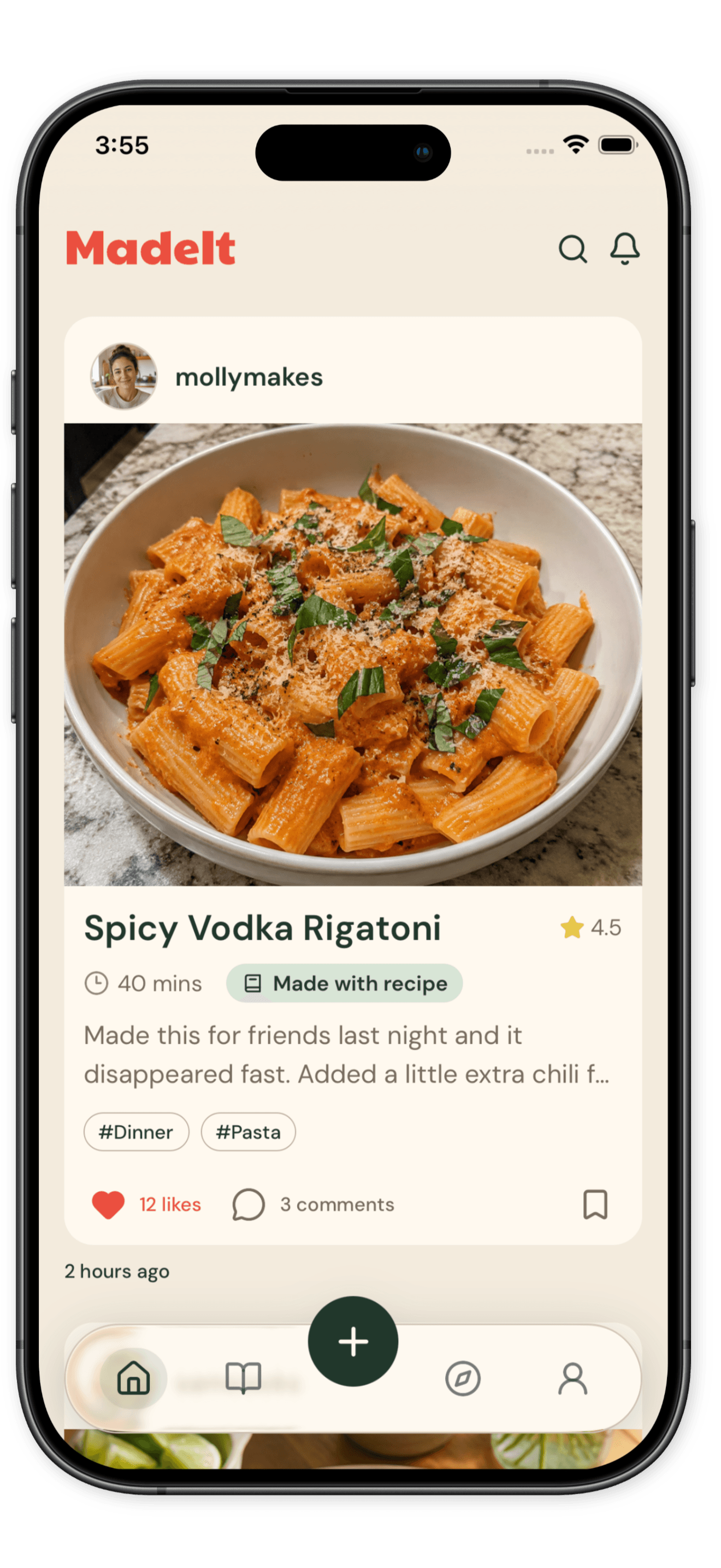 MadeIt home feed showing a friend’s spicy vodka rigatoni Cook