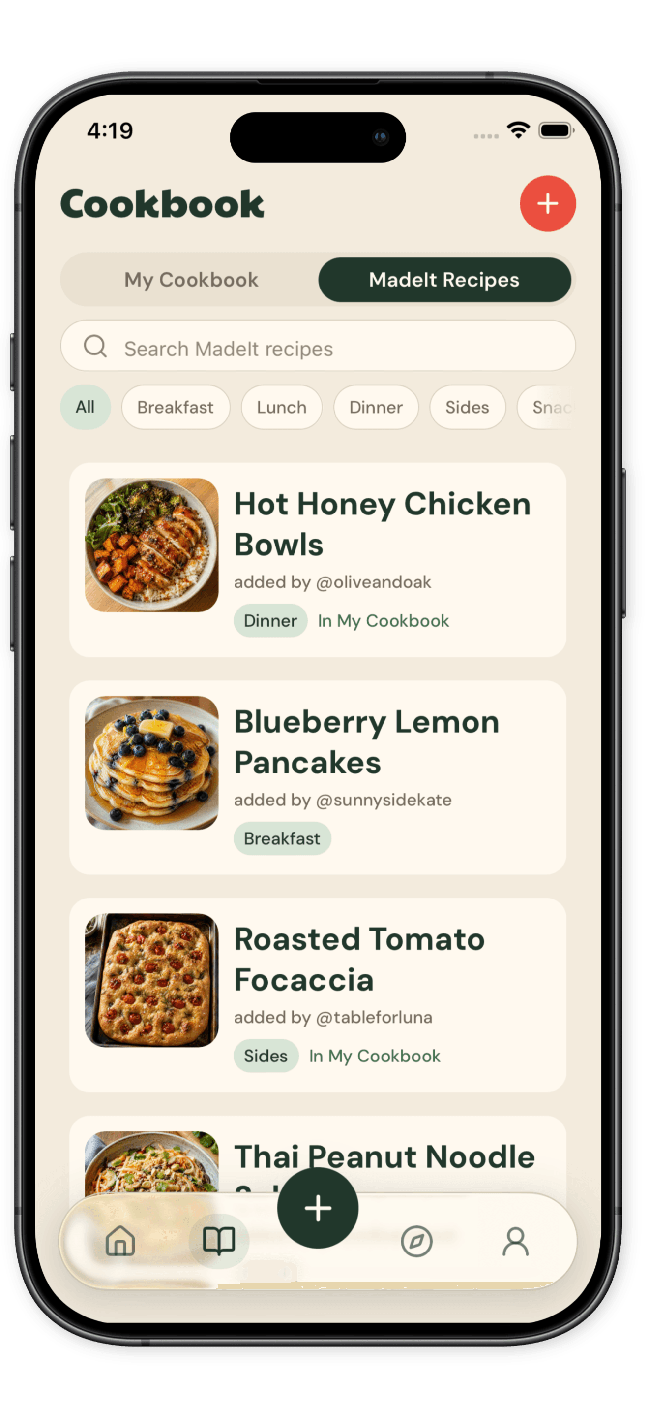 MadeIt Recipes screen with recipes shared by the community