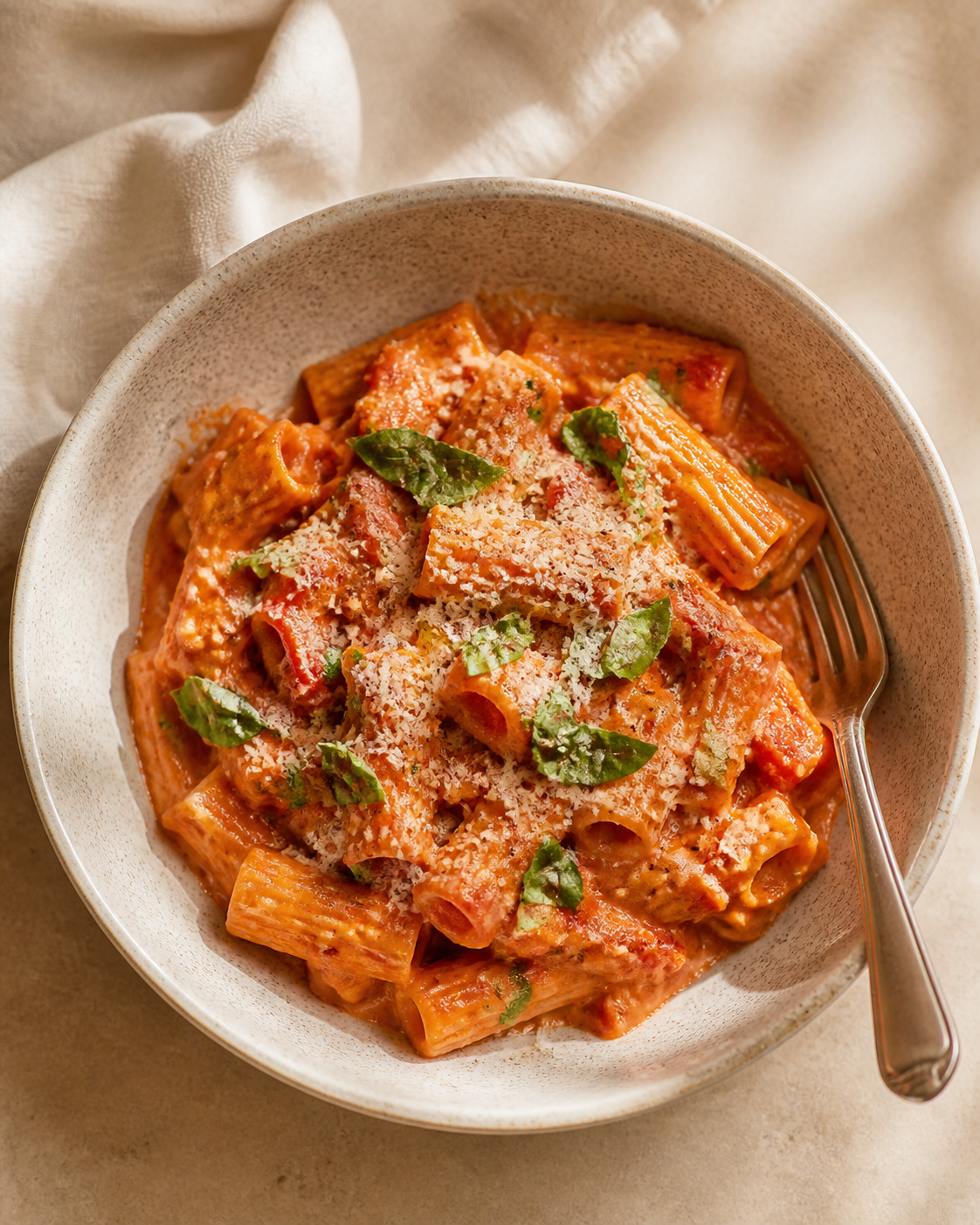 Creamy tomato pasta with basil, a meal captured as a Cook